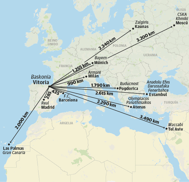 Las distancias en avión desde Vitoria hasta las ciudades de los rivales en competición europea