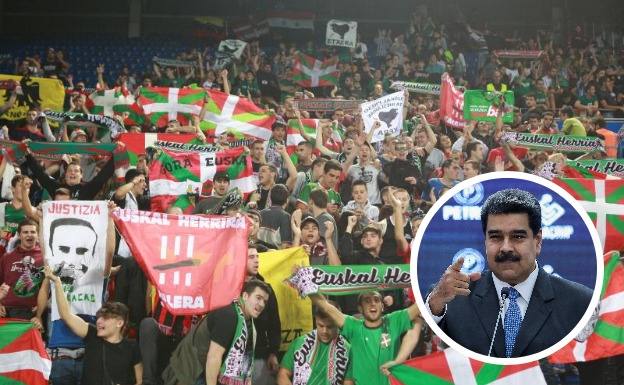 Las gradas, ayer, durante el Euskadi - Venezuela. Abajo, Nicolás Maduro, durante un acto.