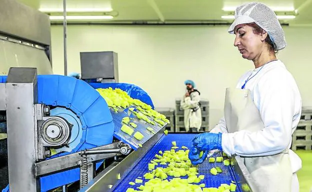Una trabajadora de Paturpat selecciona las patatas troceadas en la planta de Júndiz.