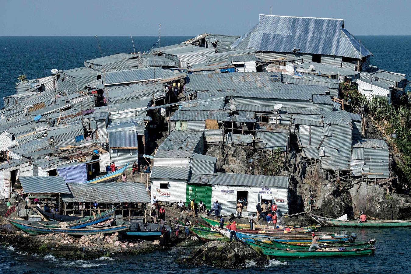 La isla Migingo es una roca cubierta de chozas, que se levanta en las aguas del lago Victoria como una tortuga de hierro. Su superficie equivale a medio campo de fútbol y en él se amontonan sus habitantes entre casuchas de metal corrugado. Pescar percas del Nilo es su principal ocupación y objeto de disputa entre Kenia y Uganda, países fronterizos interesados en ella por el valor de la pesca. También hay bares, algún que otro burdel. Y un puerto.