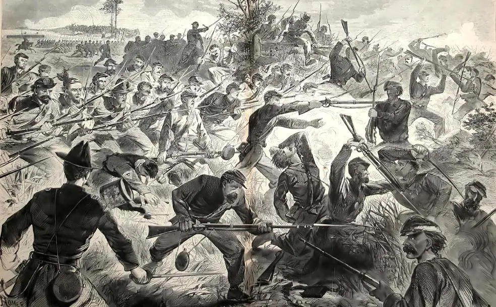Grabado de una carga a bayoneta calada en la guerra civil estadounidense. 