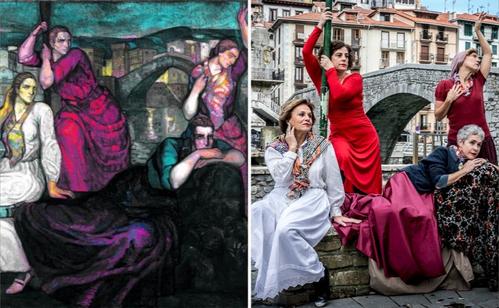 Siempre en la costa. En el puerto de Ondarroa se reúnen Josune Ariztondo, directora de Bilbao 700, la catedrática de Lingüística y Estudios Vascos de la UPV Itziar Laka, la bailarina Inés Uriarte -las tres naturales del municipio- y la actriz getxotarra Eguzki Zubia. | 'Las mujeres del mar'. Hacia 1916. Óleo sobre lienzo. 217 x 232 cm. Adquirido en 1928.