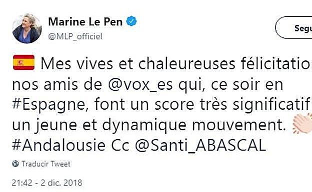 Marine Le Pen felicita a VOX por su resultado: «Son un movimiento joven y dinámico»