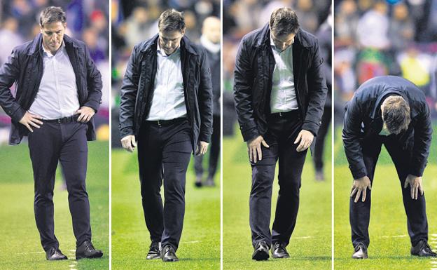 Berizzo, cabizbajo en varias imágenes durante el partido de ayer ante el Levante.