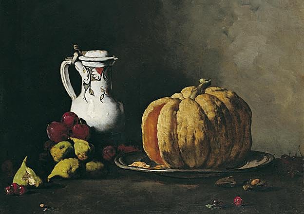 'Naturaleza muerta con calabaza, ciruelas, cerezas, higos y jarra': Hacia 1860. Óleo sobre lienzo. 60,4 x 63,5 cm. Adquirido en 2001.