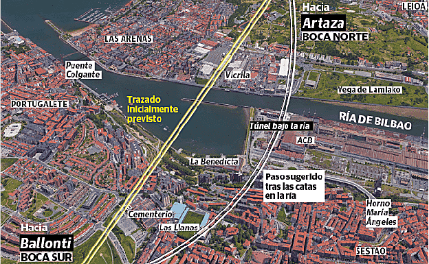 El túnel bajo la ría se perforará en una zona de roca entre Sestao y Leioa