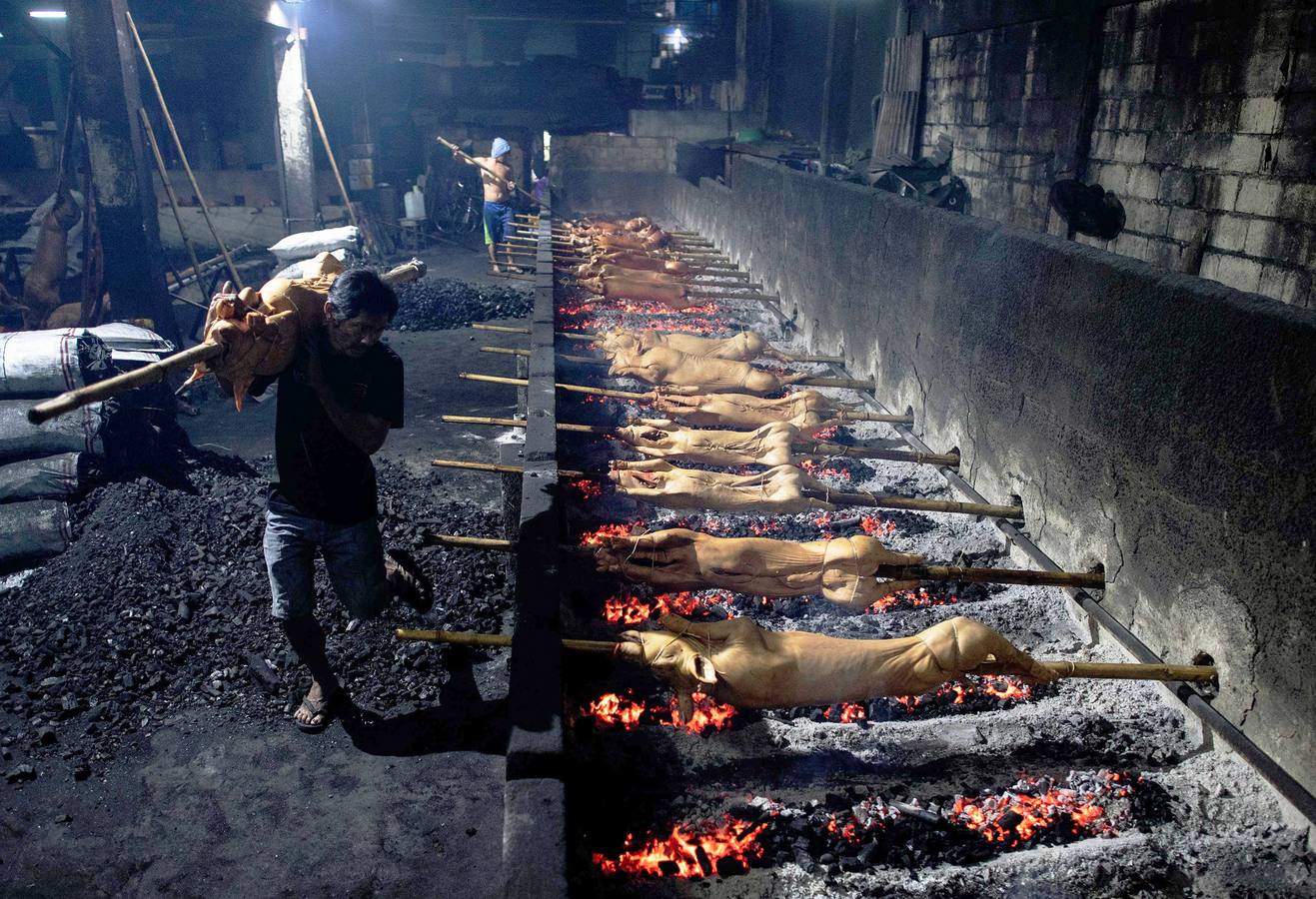 El territorio filipino está compuesto por más de 7.000 islas en las que se distribuyen los 100 millones de habitantes del país. Su complicada interconexión insular ha facilitado la aparición en el tiempo de una enorme variedad de lenguas y comidas locales. Una de ellas es el lechón relleno con papaya y hojas de tamarindo, que se pone a la brasa y se sirve con arroz acompañado con salsa de hígado. Los lechoneros (los vemos en las fotos) se dedican a girar el asado durante horas y lo bañan de tanto en tanto con agua de coco.