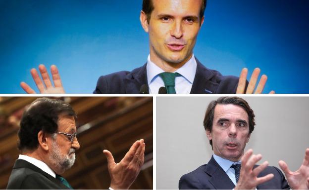 Pablo Casado (arriba), Mariano Rajoy (i) y José María Aznar. 