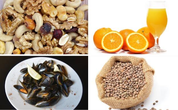 Los frutos secos, el zumo de naranja, los mejillones y las lentejas ayudan a la absorción del hierro.