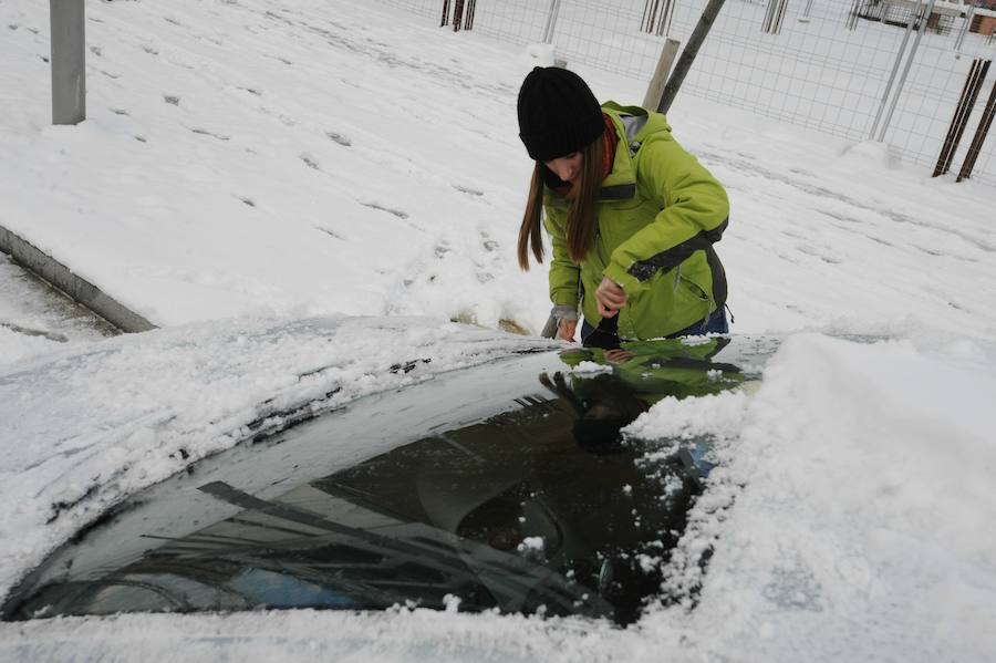 2012. Una joven retira la nieve de su coche. 