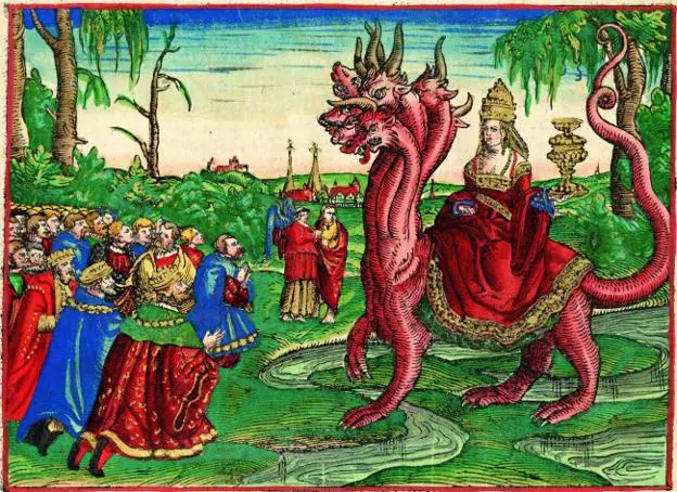 Del taller de Lucas Cranach. Escena conocida como 'La puta de Babilonia sobre la bestia de siete cabezas'. 