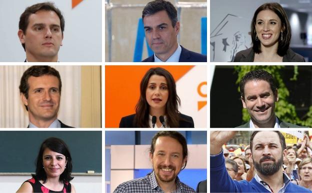 Albert Rivera, Pedro Sánchez, Irene Montero, Pablo Casado, Inés Arrimadas, Teodoro García Egea, Adriana Lastra, Pedro Sánchez y Santiago Abascal.