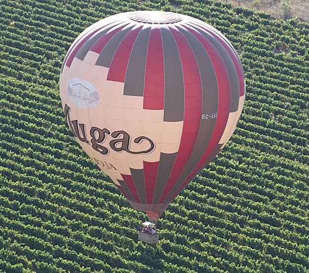 Un globo sobrevuela a escasa altura un viñedo.