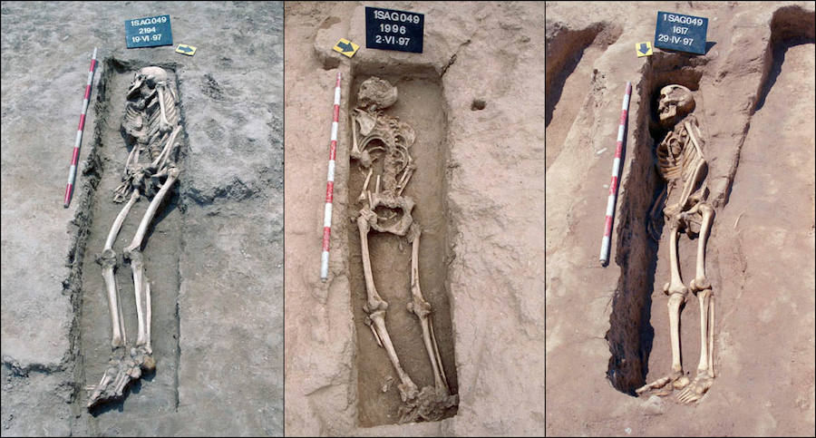 Inhumaciones individuales de época andalusí procedentes de las excavaciones en la calle Sagunt de Valencia. Los cuerpos están mirando al Sur, donde creían que estaba La Meca.