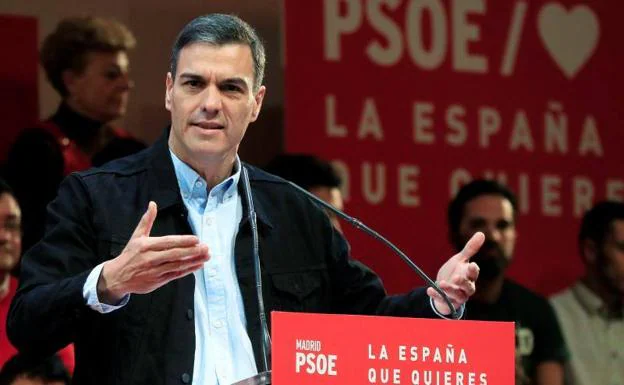 El presidente del Gobierno y secretario general del PSOE, Pedro Sánchez, interviene en un acto electoral.