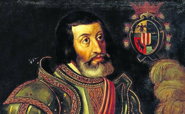 Retrato de Hernán Cortés, por el pintor mexicano José Salomé Pina. Al fondo, el escudo heráldico del conquistador, con las cabezas de siete vasallos de Moctezuma.