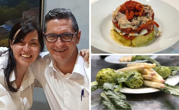 Julio y Ainhoa Sanz, dueños del Iruña y, junto a ellos, el producto de la huerta que se transformará en deliciosos platos.