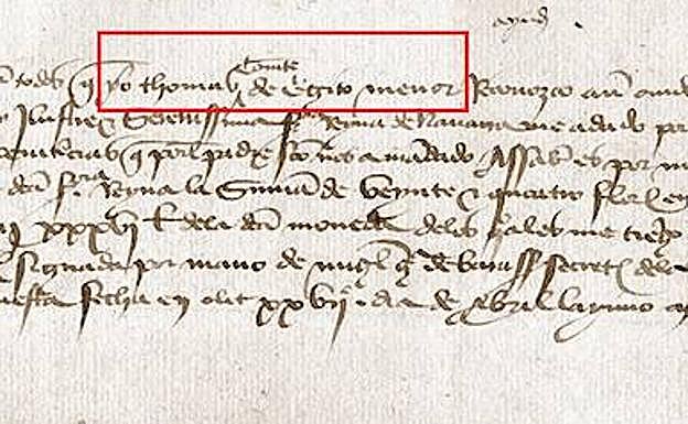 En el recuadro del documento firmado en Olite en abril de 1435 se puede leer «yo Tomás, conde de Egipto menor». 