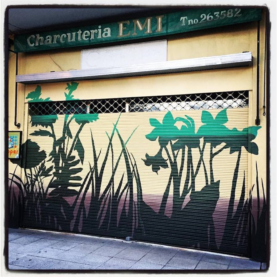 Estas flores decoran una persiana de un comercio de alimentación situado en la calle Comandante Izarduy.