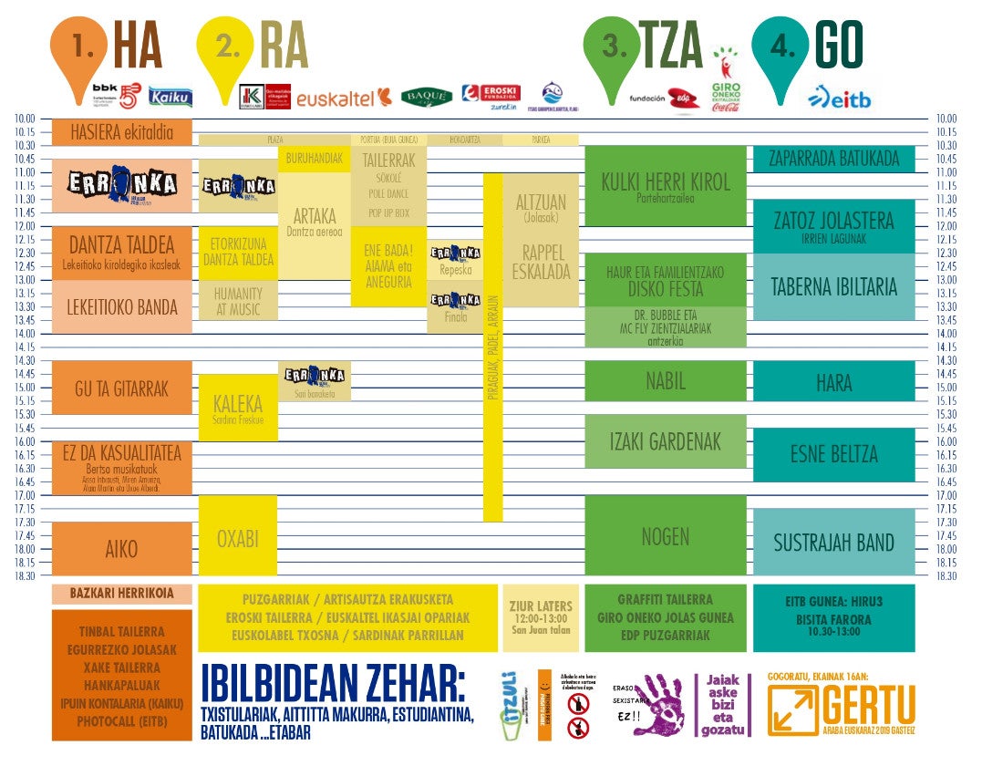 Programa de conciertos y actividades en cada una de las zonas del Ibilaldia 2019.