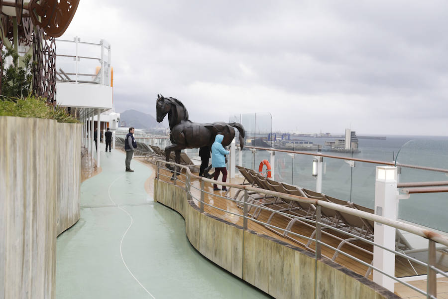 De 306 metros de eslora, su diseño de vanguardia incluye una gran plataforma panorámica que se eleva 13 pisos sobre el mar