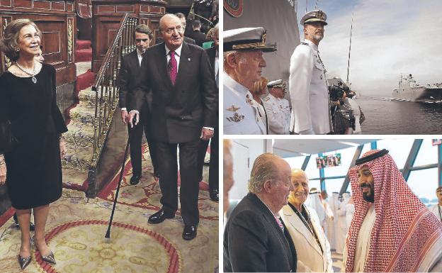 1. Reconocimiento. Don Juan Carlos recibió el pasado 6 de diciembre el homenaje del Congreso en el aniversario de la Constitución. 2. Padre e hijo. Felipe VI y su padre, ambos de uniforme, durante una revista naval en la ría de Pontevedra , en junio de 2017. 3. En las carreras. El Rey emérito saluda al príncipe saudí Mohammed Bin Salman en el último gran premio de Fórmula I de Abu Dabi.