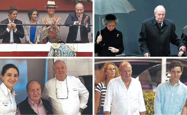 1. Desde el tendido. Acompañado por la infanta Elena y sus nietos Froilán y Victoria Eugenia, aplaudiendo a Enrique Ponce. 2. De funeral con la reina Sofía. Los reyes eméritos acudieron juntos, hace solo unas semanas, a la despedida del Gran Duque de Luxemburgo. 3. Comida con estrellas. Don Juan Carlos posa con Juan Mari y Elena Arzak en el restaurante donostiarra, uno de sus preferidos. 4. Verano mallorquín. Últimamente no es habitual de Marivent; las últimas visitas a la isla las hizo acompañado por Elena y Froilán.