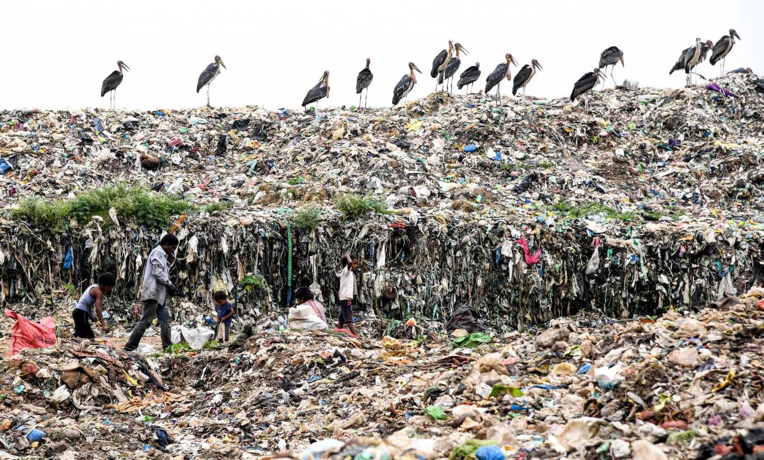 Recolectores de ropa buscan materiales para poder reciclar en el área de Boragaon en Guwahati, India