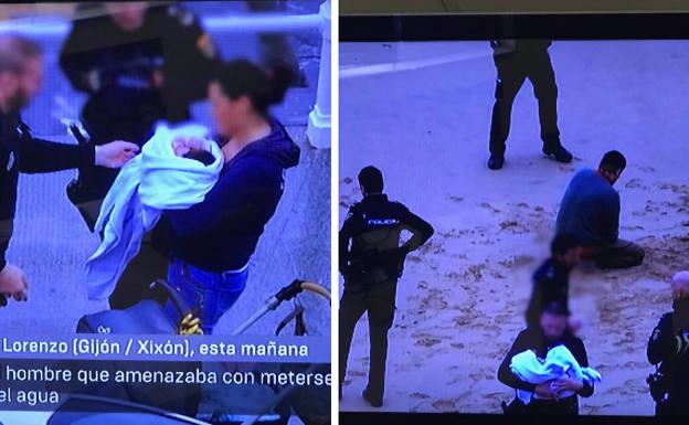 Secuencia: a la izquierda; el hombre con el bebé en brazos, y a la derecha, arrodillado en la arena, rodeado de policías.