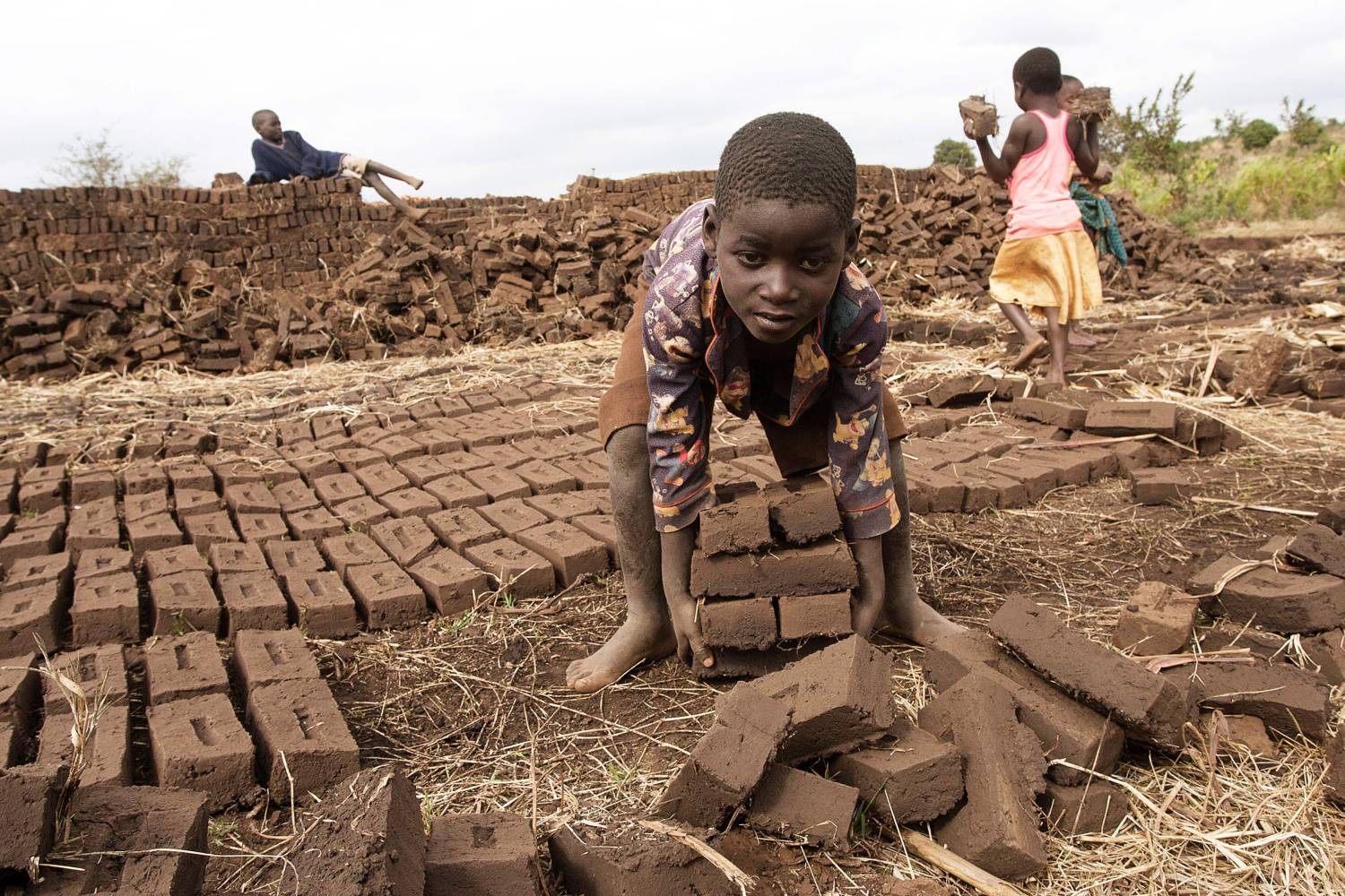 Un niño levanta ladrillos crudos y secos y los lleva al horno durante el trabajo para ganar dinero en la aldea Jumpha, Malawi . El trabajo infantil sigue siendo un problema en Malawi debido a la pobreza y factores culturales. El 12 de junio se celebra el Día Internacional contra el Trabajo Infantil. La Organización Internacional del Trabajo (OIT) lanzó el Día Mundial contra el Trabajo Infantil en 2002 para centrar la atención en el alcance mundial del trabajo infantil y las medidas y esfuerzos necesarios para eliminarlo. Cada año, el 12 de junio, el Día Mundial reúne a gobiernos, organizaciones de empleadores y trabajadores, a la sociedad civil, así como a millones de personas de todo el mundo para destacar la difícil situación de los niños trabajadores y lo que se puede hacer para ayudarlos. 