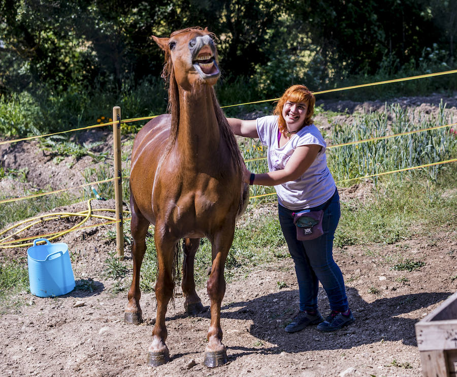 La veterinaria María González y su pareja cuidan de cabras, gallinas, gatos y burros rescatados en su refugio de Ribera Alta