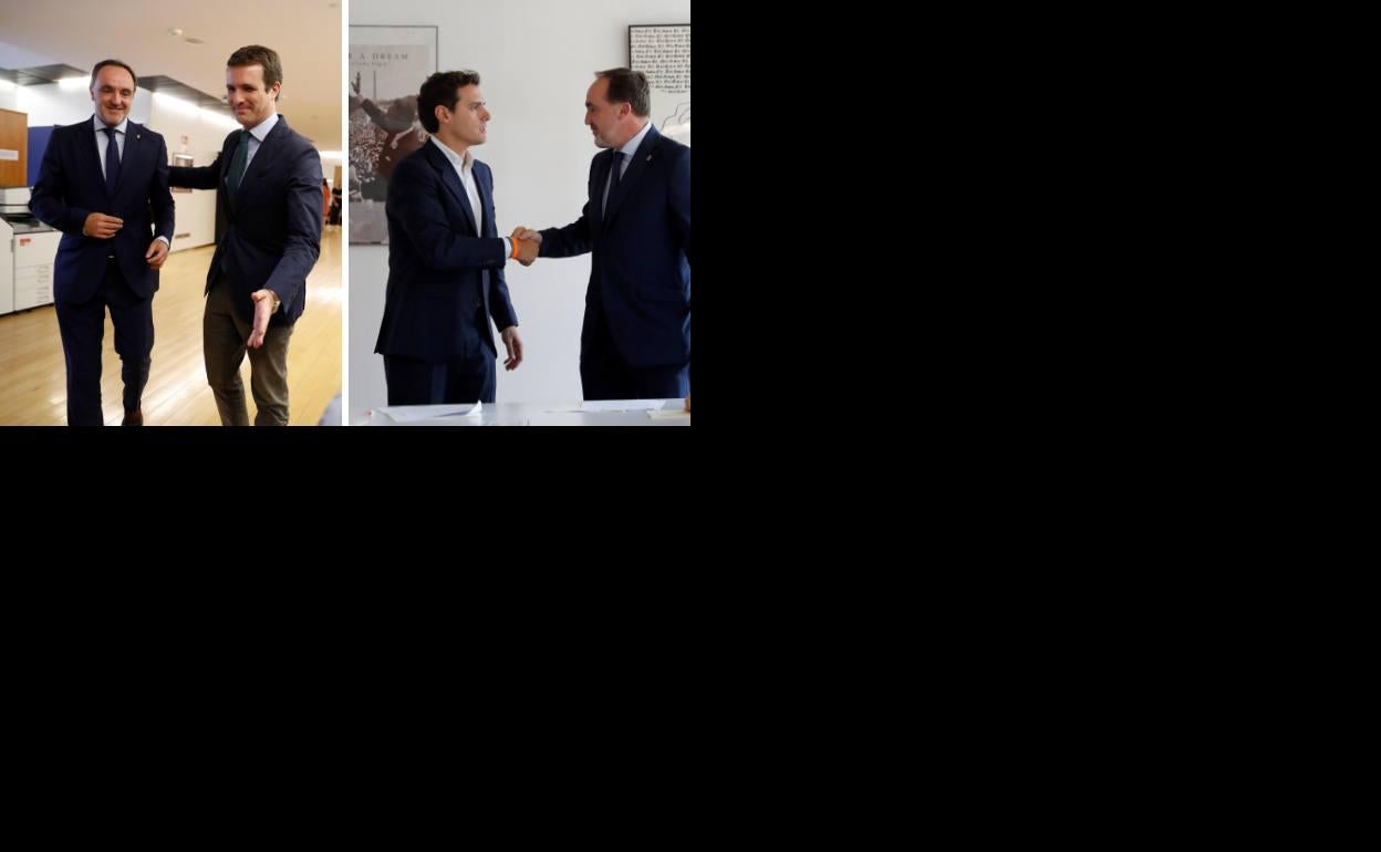 A la izquierda, Javier Esparza y Pablo Casado, antes de la firma. A la derecha, el líder de UPN saluda al líder de Ciudadanos, Albert Rivera.