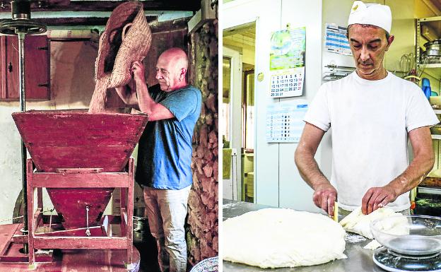 Ala izquierda, Panadería Alonso, en Peñacerrada. Edorta Alonso vuelca trigo en el molino del siglo XVIII que conserva en el obrador. A la derecha, Panadería Araia Artesanos. Rafa Martínez elebora pan en el que fue el primer obrador de la Llanada Alavesa, en Araia.