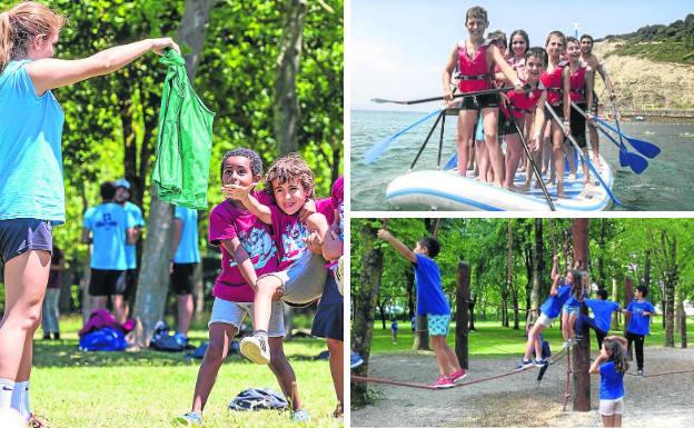 Participantes en el campus de Marianistas juegan en el parque de Olárizu. Arriba, una de las actividades acuáticas de las colonias de Presentación de María y, abajo, alumnos de NClic.