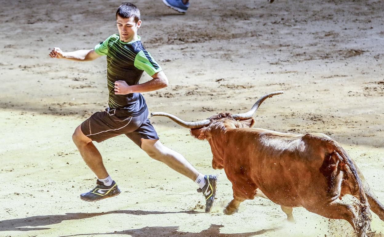Un joven corre delante de una vaquilla en el Iradier. 