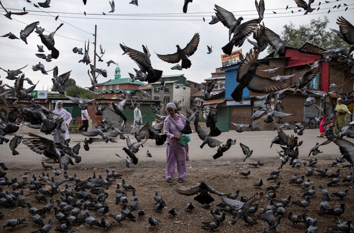 Una mujer de Cachemira alimenta palomas en una calle durante las restricciones después del desmantelamiento del estatus constitucional especial para Cachemira por parte del gobierno, en Srinagar,