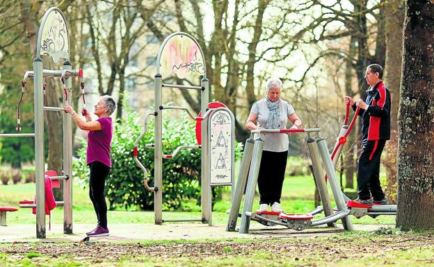 Tres jubilados hacen ejercicio en los aparatos habilitados en el parque de Arana. 