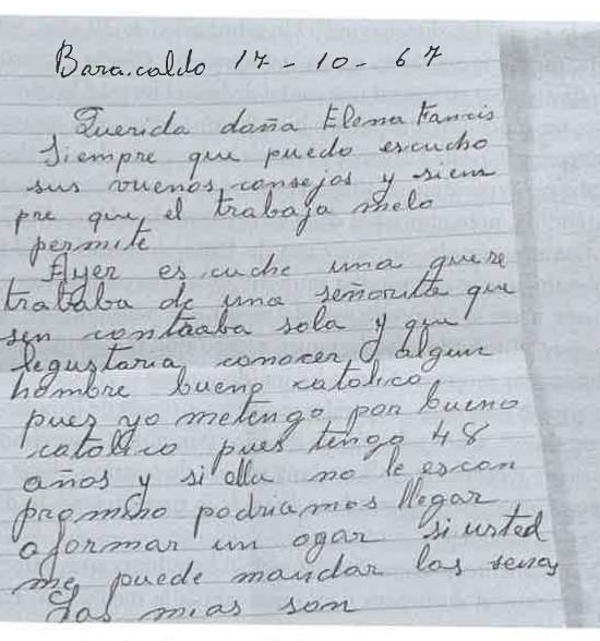 Carta de octubre de 1967 escrita por un hombre de Barakaldo que busca el amor de una chica. 