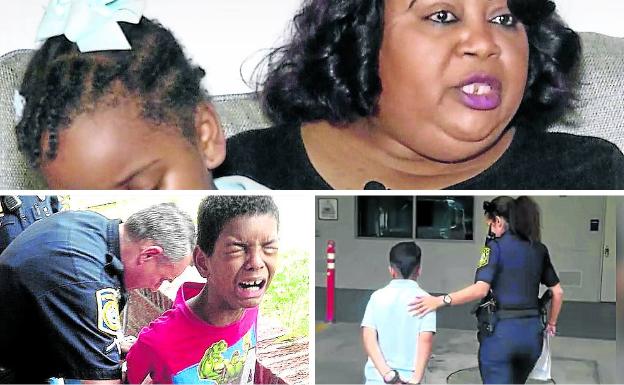 Arriba, Orlando (Florida) La pequeña Kaia, en brazos de su abuela, Meralyn Kirkland, que denunció lo ocurrido en la televisión. Abajo a la izquierda, Columbus (Georgia) La detención de Sean Hill fue un simulacro orquestado por su madre con la Policía para corregir su mala conducta. A su derecha, Miami (Florida) Este chaval de 7 años fue detenido para ser evaluado psicológicamente tras atacar a una maestra y tirarla al suelo.