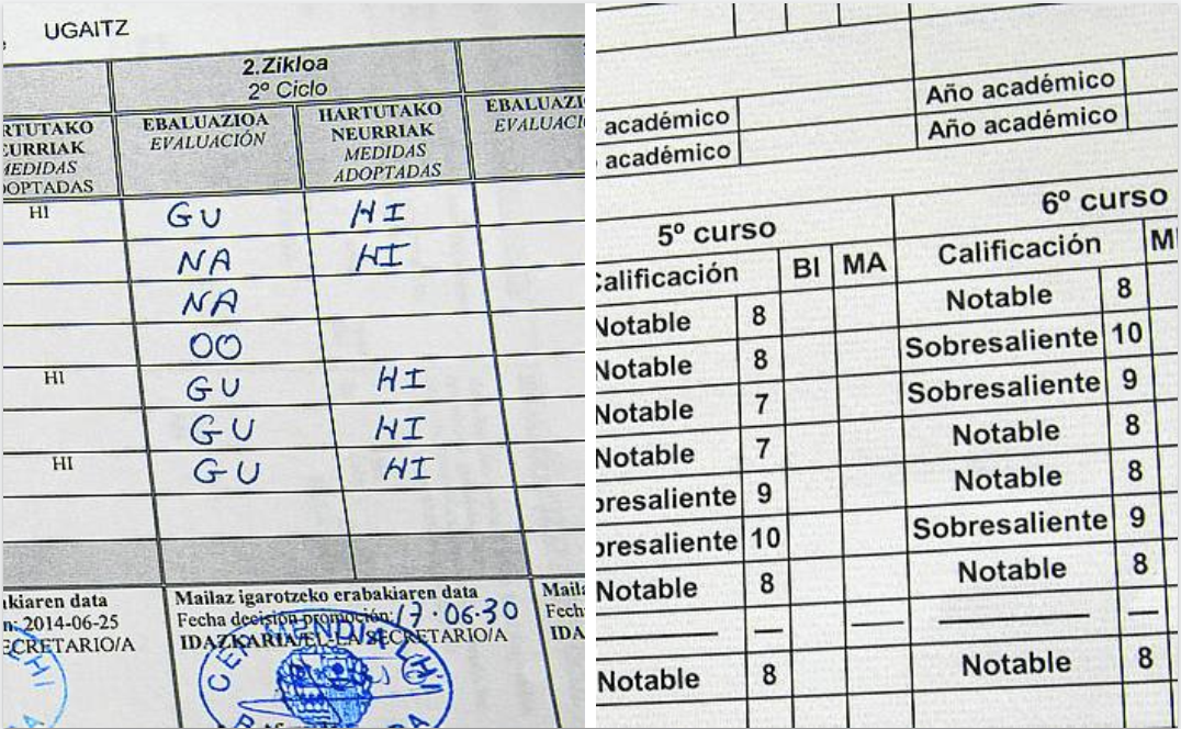 Las notas. Las calificaciones de Ugaitz en el centro de modelo D, plagado de suspensos -'gutxis'-, y las notas de los siguientes cursos en castellano, con notables y sobresalientes.