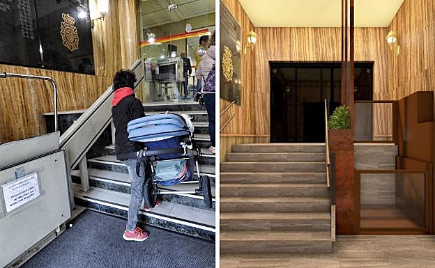 A la izquierda, acceso a la comisaría en la actualidad. A la derecha, cómo quedará tras la reforma. 