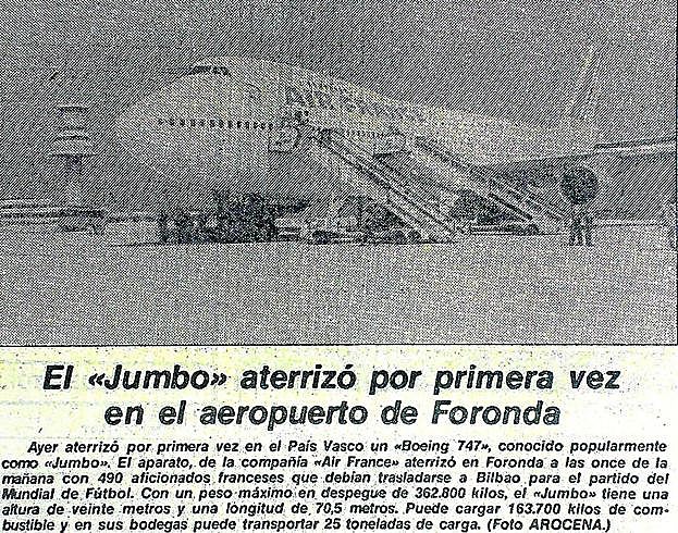 El recorte de la noticia de EL CORREO que recogía el aterrizaje del Jumbo en Foronda. 