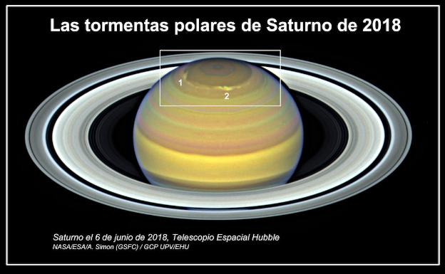 En el recuadro, la cadena de tormentas próxima al polo norte de Saturno objeto del estudio.