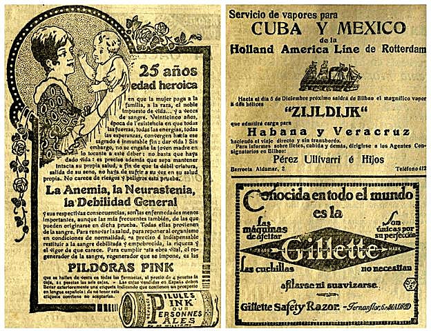 Publicidad de Píldoras Pink, barcos a América y cuchillas Gillette.