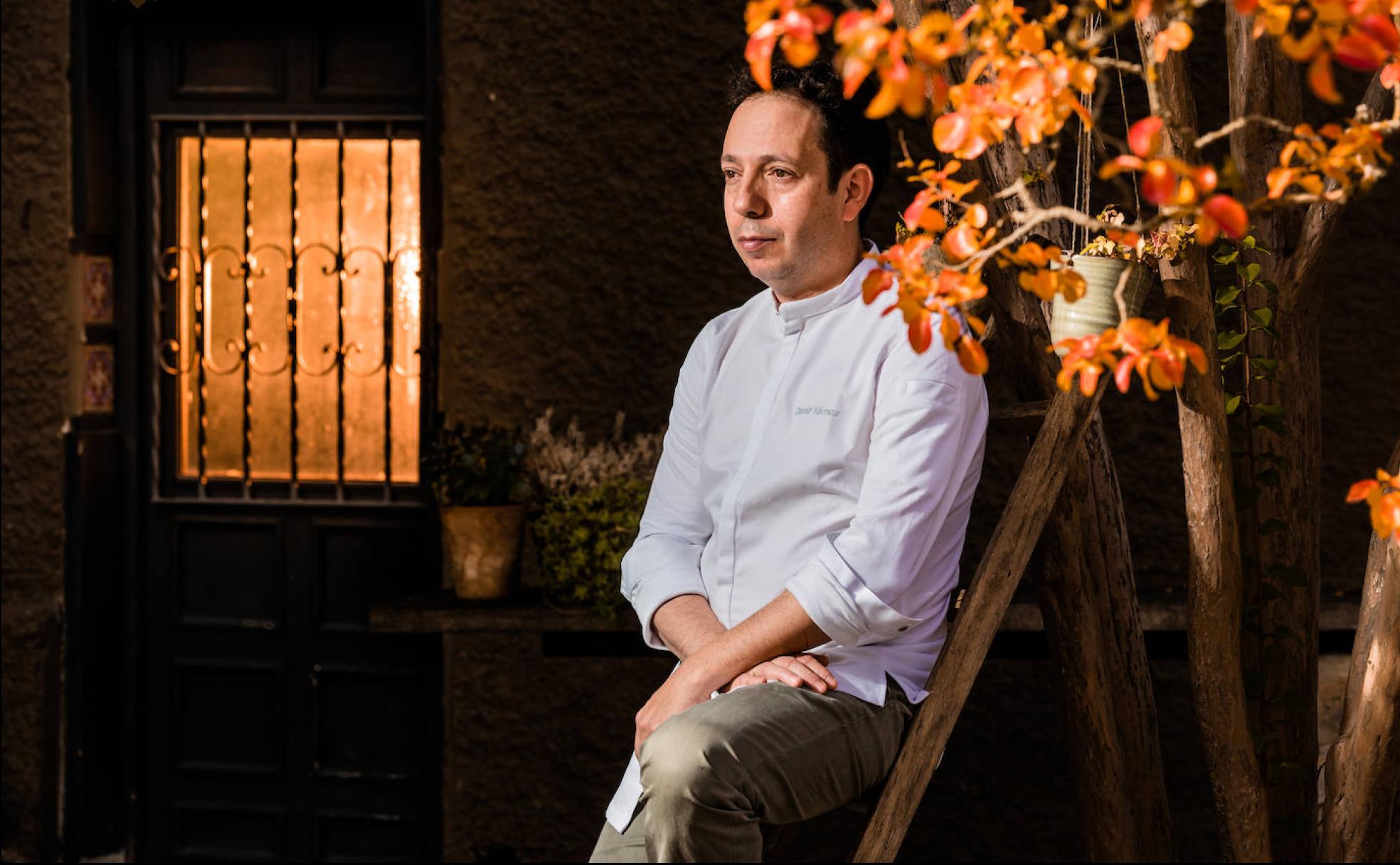 David Yárnoz Martín, chef de El Molino de Urdániz (Navarra) junto al árbol de Júpiter de su jardín, en pleno Camino de Santiago. 