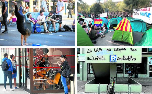 Arriba a la izquierda, los estudiantes han llevado muebles a la plaza Universitat para hacer más confortable su acampada indefinida. A su derecha, El campamento de la generación del 14-O es un laberinto de tiendas de campaña, pancartas y banderas. Abajo a la izquierda, Puerta de entrada a un edificio de la Universidad Pompeu Fabra bloqueada con una barricada de sillas. El centro académico fue uno de los pocos lugares donde se vivieron tensiones el primer día de huelga. A su derecha,Una pintada en la Universidad Autónoma de Barcelona sostiene que las actividades evaluables se han suspendido. No es del todo cierto. 