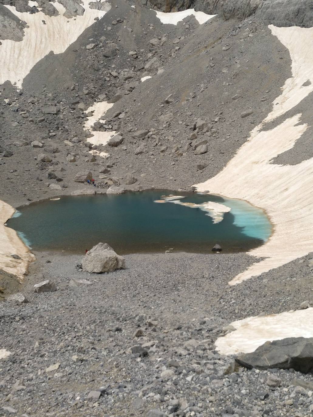 El Lago helado: hacia la derecha se sube a Monte Perdido; hacia la izquierda, hacia el Cilindro