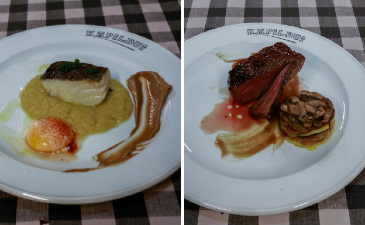 Bacalao Kapildui y asado de picaña con torre de verduras. 