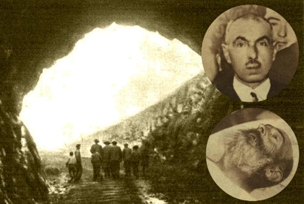 La boca del túnel y retratos de Florentino Tamayo y del cadáver de Eulogio Corada.