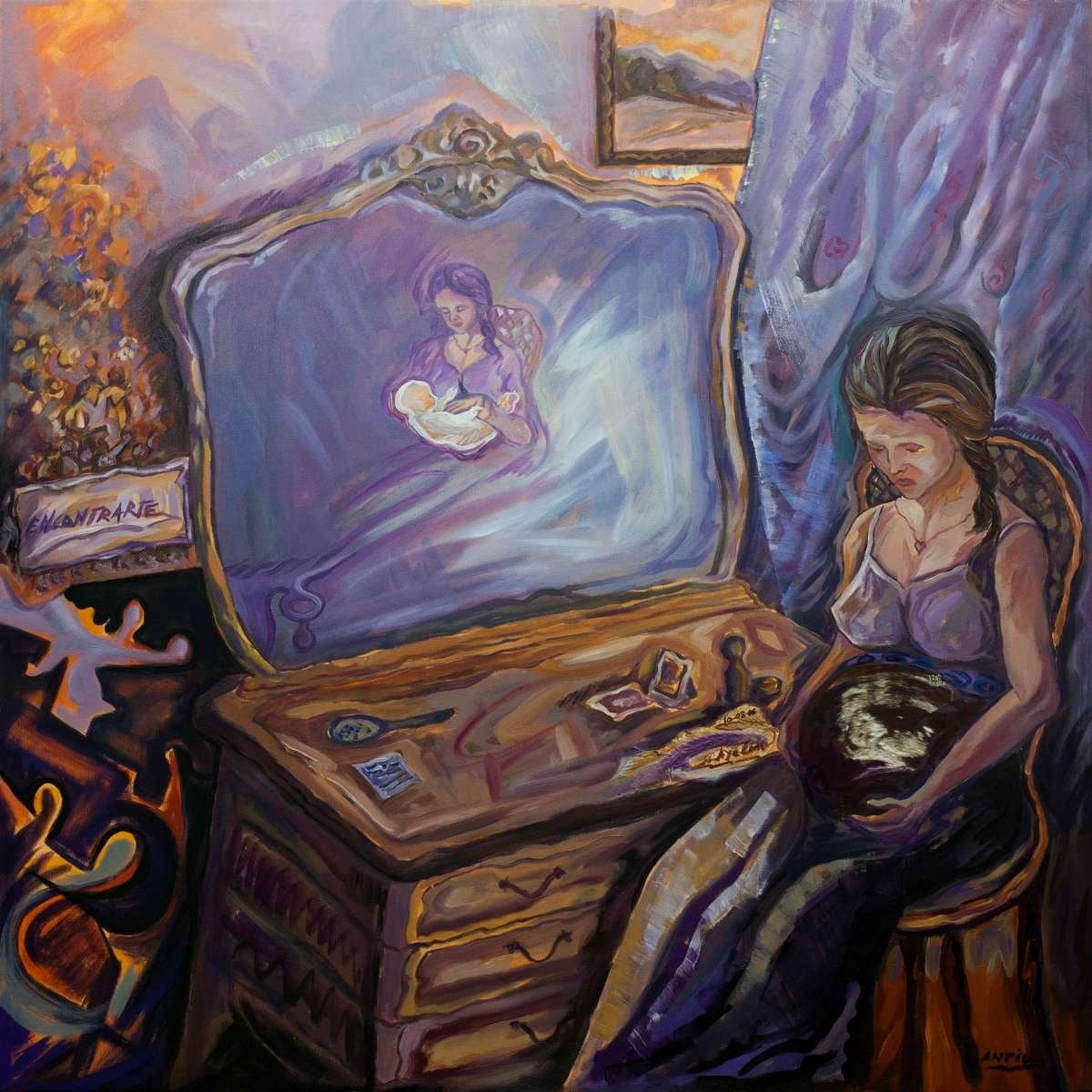 'Noches oscuras ¿Dónde está mi bebé?'. Óleo sobre lienzo. Collage.